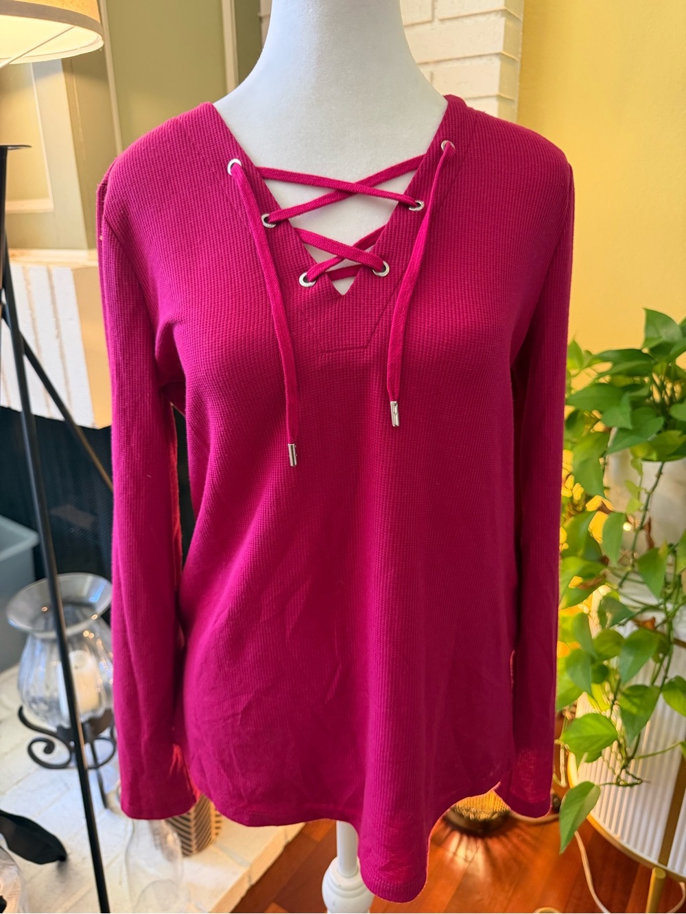 NWT MICHAEL Michael Kors Lace-Up V-Neck Long Sleeve Top - Fuchsia
